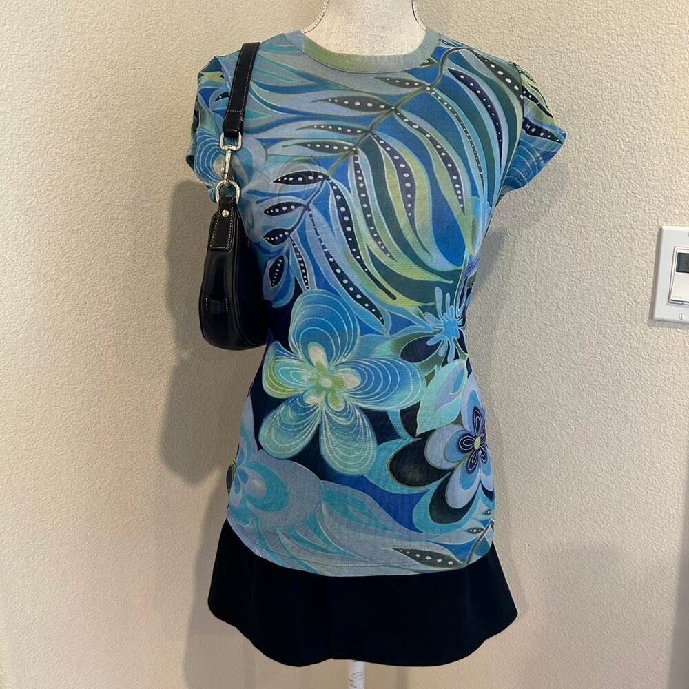 Cache blue and green floral mesh top. Size medium